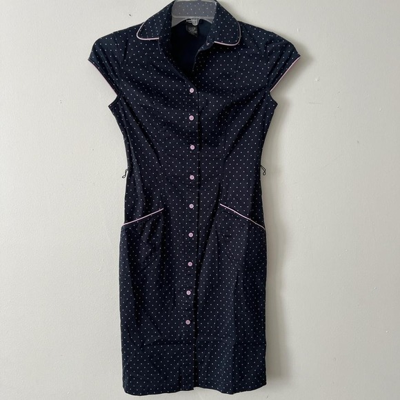 Vintage Express Navy blue polka dot dress with pink piping‎ and button details - Picture 1 of 4